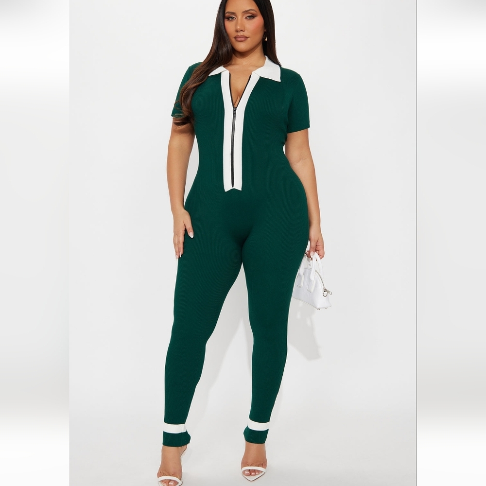 Fashion Nova Green Ribbed Polo Zip Jumpsuit with White Trim